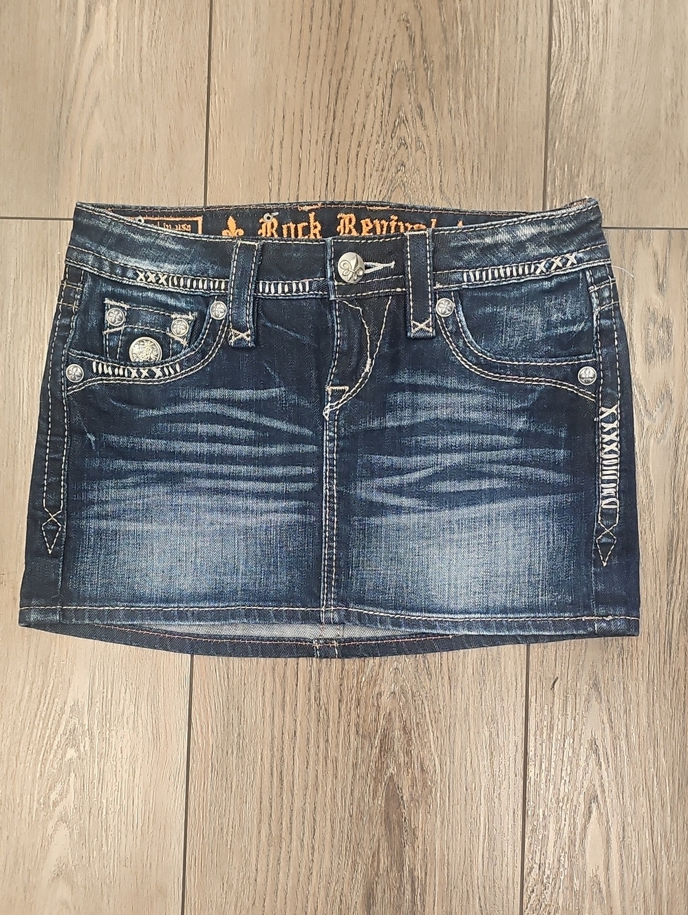 Rock Revival Indigo Washed Denim Mini Skirt with Contrast Stitching